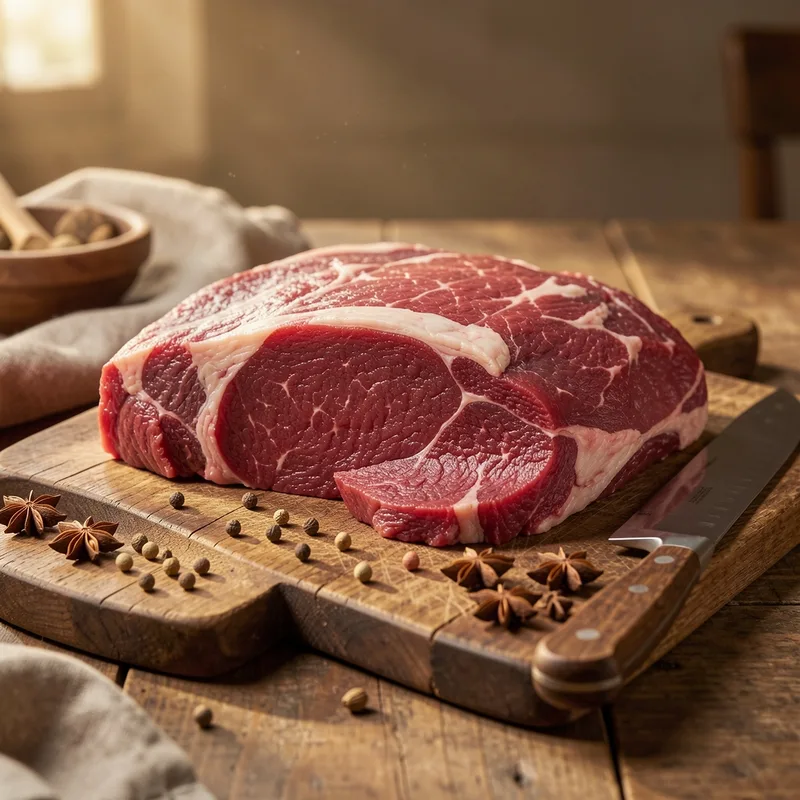 Étal de boucherie halal avec pièces de bœuf et d'agneau parées sur une planche en bois